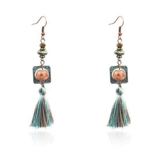 Tassel Dangle‎ Earrings Boho Style Bronze Tone Square Charm Fashion Jewelry - Picture 1 of 2